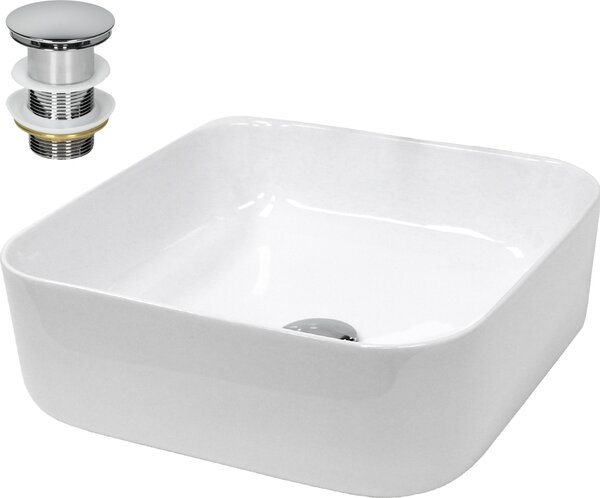 LuxeBath Lavabo Lavabo da appoggio Square, 39x39x14 cm, bianco, in Vetroceramica, incl. set di scarico senza troppopieno