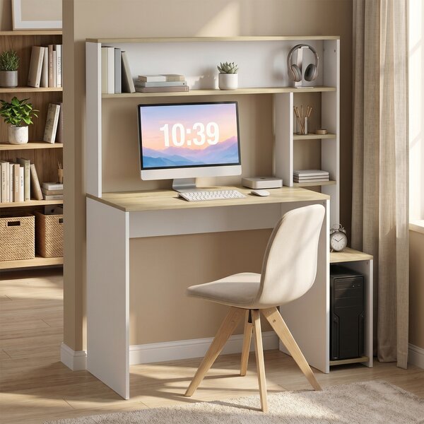 HOMCOM Scrivania per computer con ripiani, supporto monitor e CPU, 114x45x138 cm, bianco e legno | Aosom Italy