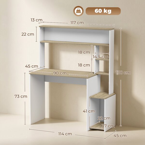 HOMCOM Scrivania per computer con ripiani, supporto monitor e CPU, 114x45x138 cm, bianco e legno | Aosom Italy
