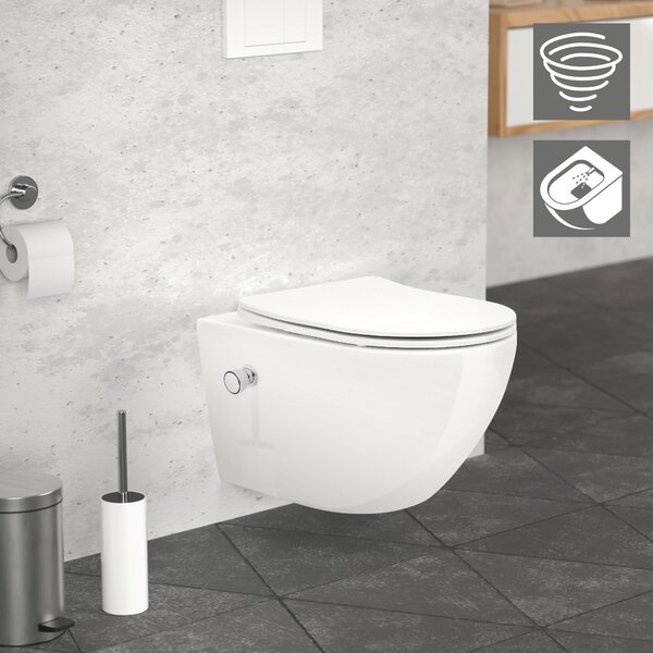 LuxeBath WC sospeso senza bordo con funzione bidet, bianco, lungo, risciacquo tornado