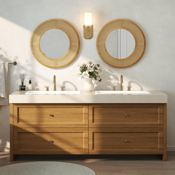 Costway Specchio da parete in rattan con cornice in legno, Specchio decorativo rotondo bohemien da parete 65 x 65 cm