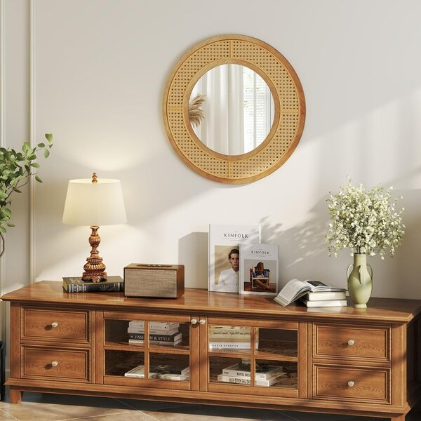 Costway Specchio da parete in rattan con cornice in legno, Specchio decorativo rotondo bohemien da parete 65 x 65 cm