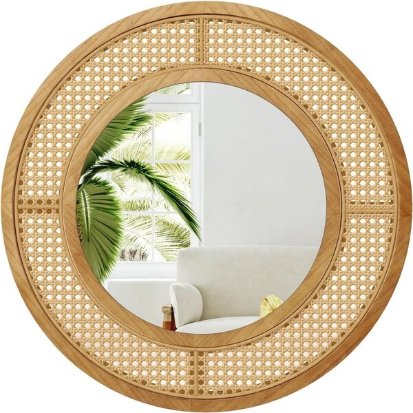 Costway Specchio da parete in rattan con cornice in legno, Specchio decorativo rotondo bohemien da parete 65 x 65 cm