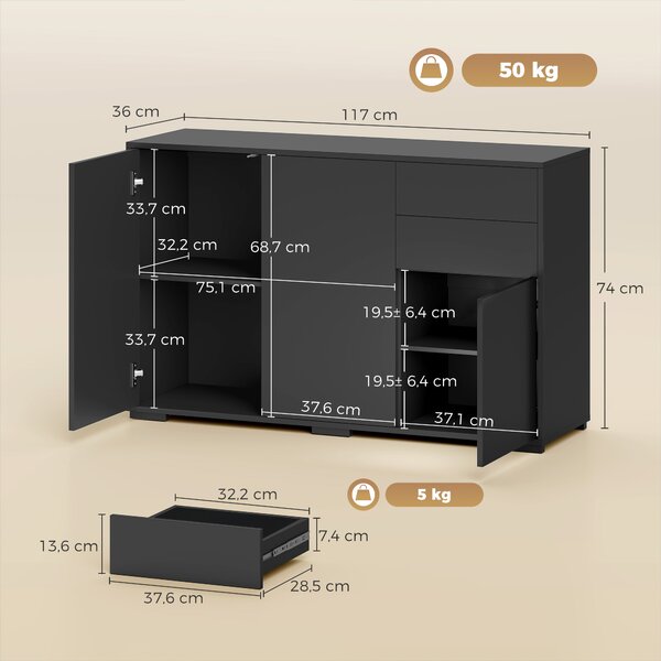 HOMCOM Mobile buffet con 2 cassetti, 3 ante e ripiano regolabile, 117x36x74 cm, nero | Aosom Italy