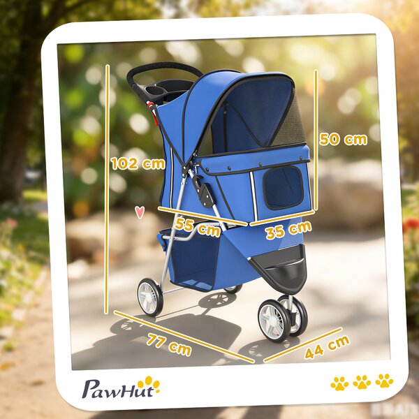 PawHut Passeggino per Cani Pieghevole con Portabicchieri e Cestino, 77x44x102 cm, Blu | Aosom Italy