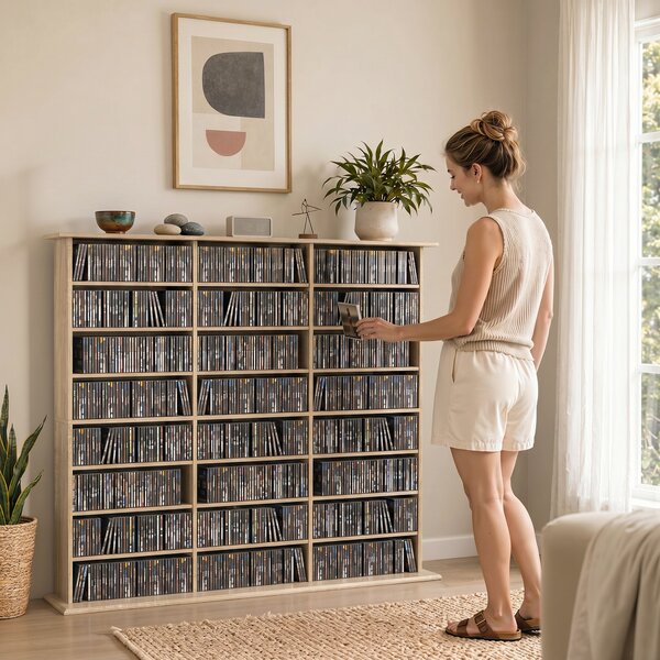 HOMCOM Mobile libreria per 1032 CD o 594 DVD con 24 scomparti e 18 ripiani regolabili, rovere | Aosom Italy