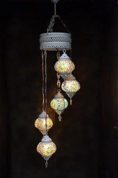 Lampada a sospensione in vetro blu colorato con 5 sfere a mosaico, lampada da soffitto orientale marocchina