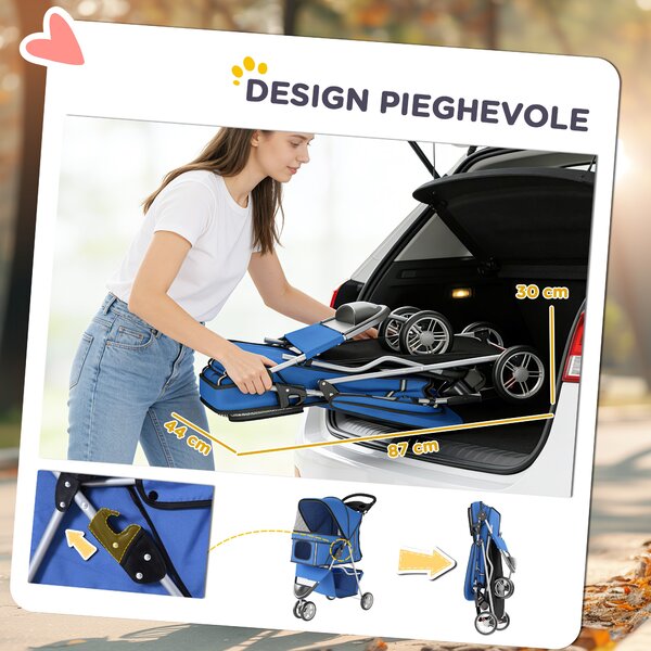 PawHut Passeggino per Cani Pieghevole con Portabicchieri e Cestino, 77x44x102 cm, Blu | Aosom Italy
