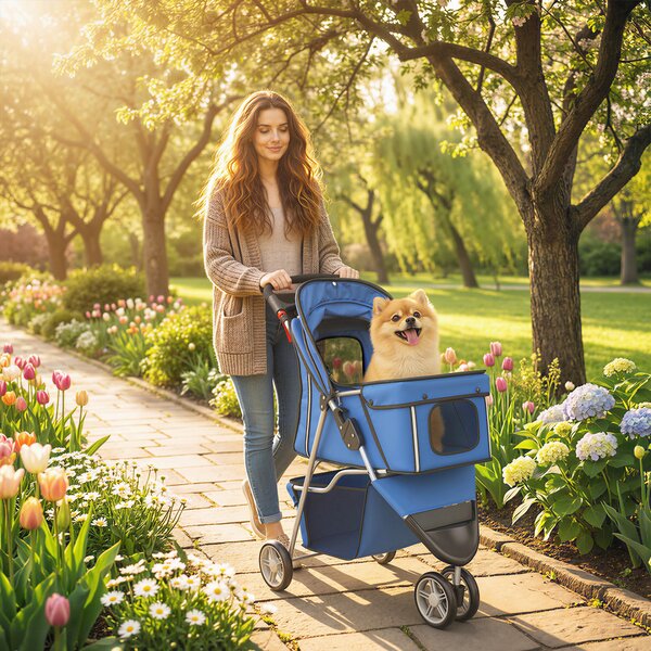 PawHut Passeggino per Cani Pieghevole con Portabicchieri e Cestino, 77x44x102 cm, Blu | Aosom Italy