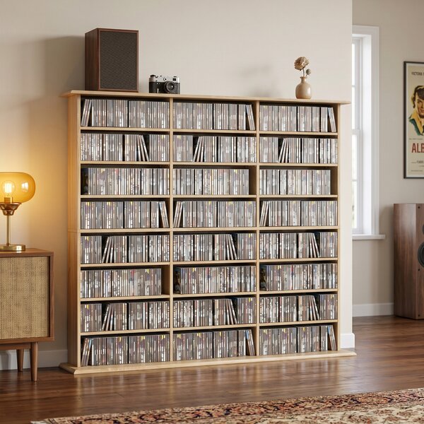 HOMCOM Mobile libreria per 1032 CD o 594 DVD con 24 scomparti e 18 ripiani regolabili, rovere | Aosom Italy