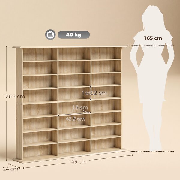 HOMCOM Mobile libreria per 1032 CD o 594 DVD con 24 scomparti e 18 ripiani regolabili, rovere | Aosom Italy