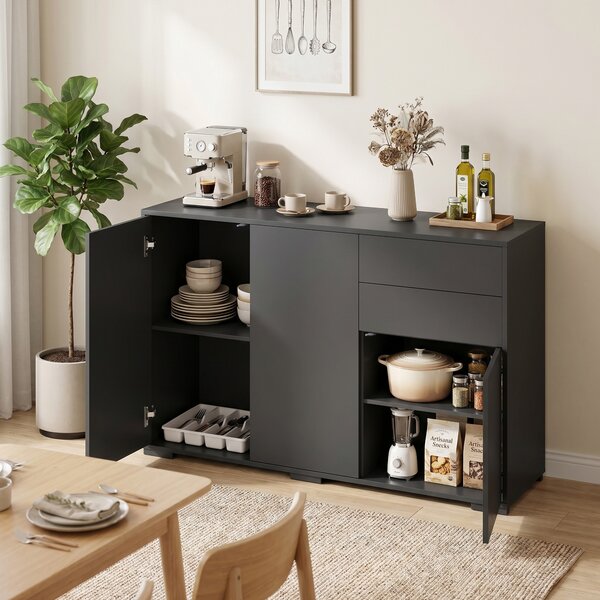 HOMCOM Mobile buffet con 2 cassetti, 3 ante e ripiano regolabile, 117x36x74 cm, nero | Aosom Italy