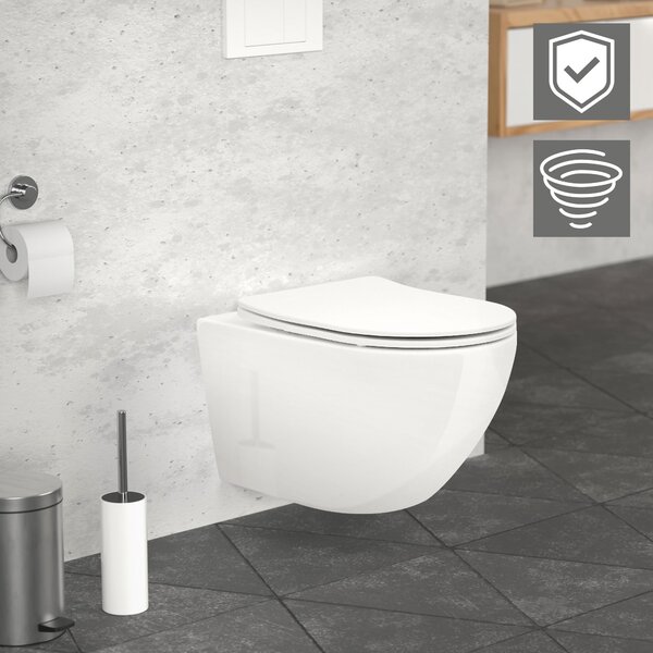 LuxeBath WC sospeso senza bordo, bianco, lungo, scarico Tornado, con nano rivestimento