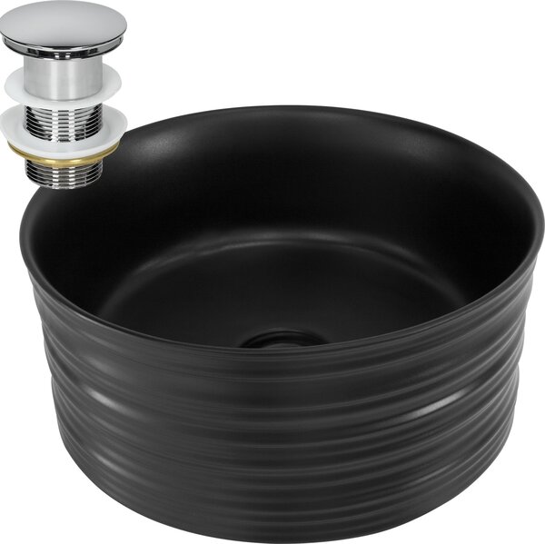 Lavabo LuxeBath Lavabo da appoggio rotondo, Ø 41x18 cm, nero, in Vetroceramica, incl. set di scarico senza troppopieno