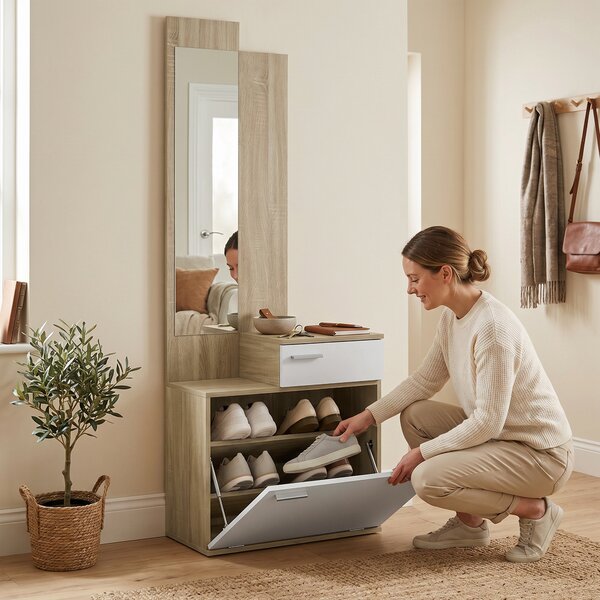 HOMCOM Mobile ingresso con specchio, scarpiera, seduta e cassetto, 61x30x170 cm, bianco | Aosom Italy