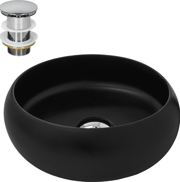 Lavabo LuxeBath Lavabo da appoggio rotondo, Ø 35x12 cm, nero opaco, in Vetroceramica, incl. set di scarico senza troppopieno