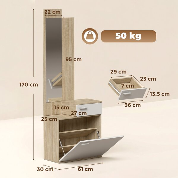 HOMCOM Mobile ingresso con specchio, scarpiera, seduta e cassetto, 61x30x170 cm, bianco | Aosom Italy