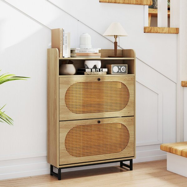 Costway Organizer per scarpe autoportante con ante in rattan e gambe in metallo, Scarpiera con 2 cassetti a ribalta Naturale