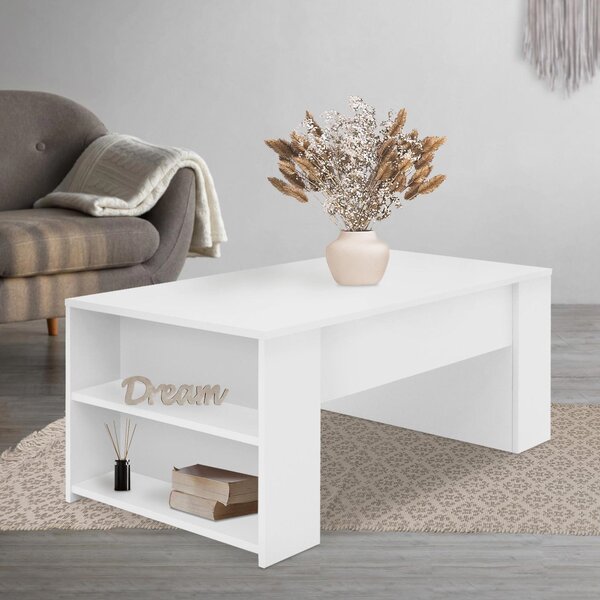Tavolino da salotto ML-Design in bianco, 100x60x42 cm, Spazioso tavolino da salotto con 2 scomparti sui lati, Tavolino da divano dal design moderno con ampio spazio di archiviazione