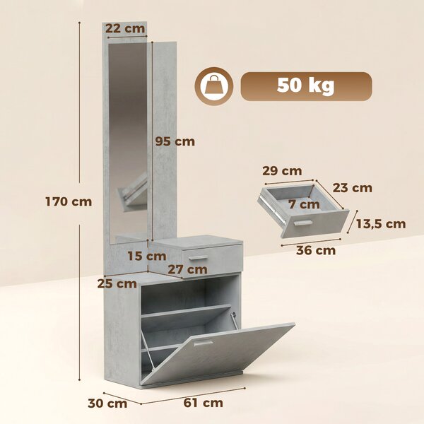 HOMCOM Set ingresso con scarpiera ribaltabile, guardaroba con specchio e cassetto, grigio | Aosom Italy