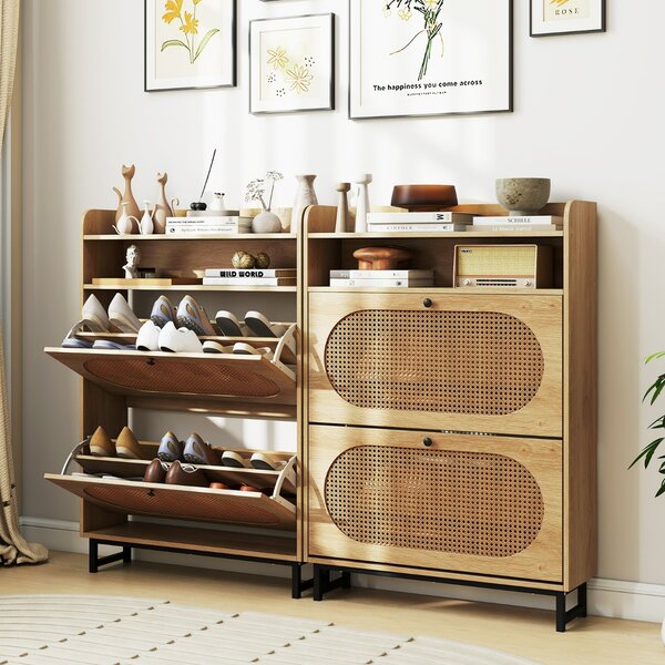 Costway Organizer per scarpe autoportante con ante in rattan e gambe in metallo, Scarpiera con 2 cassetti a ribalta Naturale