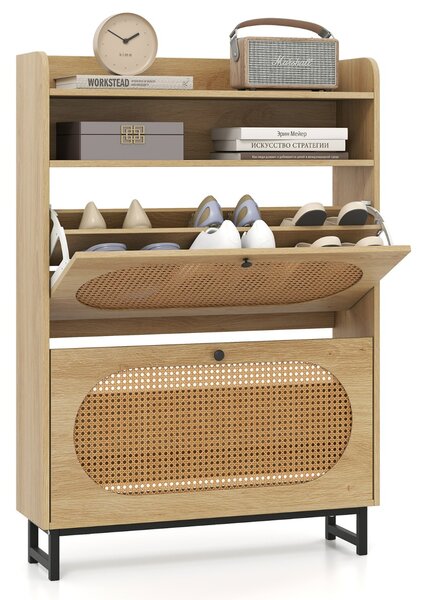 Costway Organizer per scarpe autoportante con ante in rattan e gambe in metallo, Scarpiera con 2 cassetti a ribalta Naturale