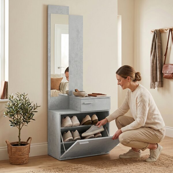 HOMCOM Set ingresso con scarpiera ribaltabile, guardaroba con specchio e cassetto, grigio | Aosom Italy