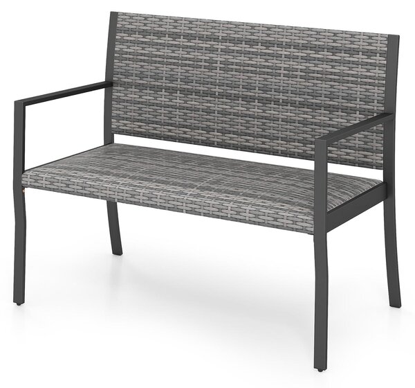 Panca da giardino in rattan sintetico, divanetto a due posti con schienale e braccioli, panca da parco con cuscini e struttura in metallo, panca da balcone resistente fino a 360 kg, ideale per terrazza e giardino, dimensioni: 110 x 55 x 84 cm