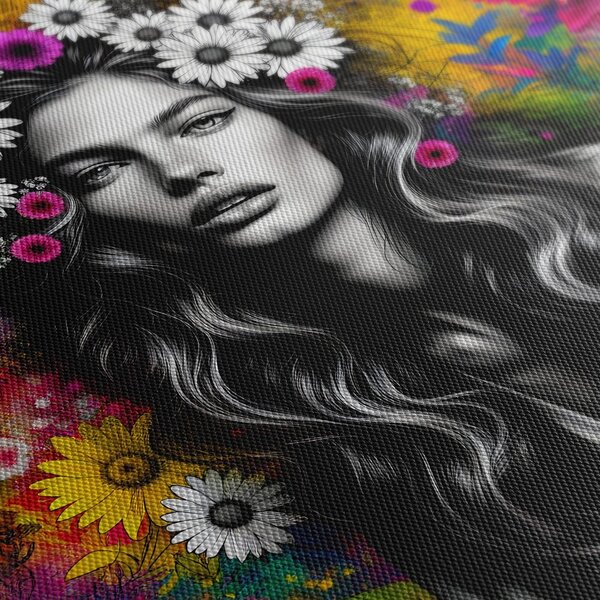 Quadro su tela – Ragazza con farfalle e fiori