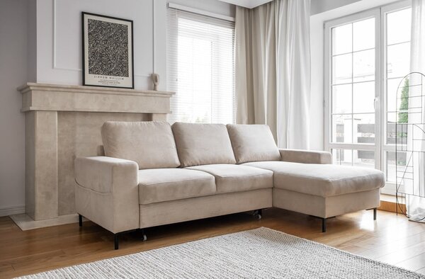 Divano letto angolare in velluto a coste beige (angolo destro) Lofty Lilly - Miuform