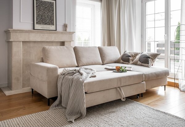 Divano letto angolare in velluto a coste beige (angolo destro) Lofty Lilly - Miuform