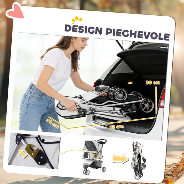 PawHut Passeggino per Cani Pieghevole con Portabicchieri e Cestino, 77x44x102 cm, Grigio | Aosom Italy