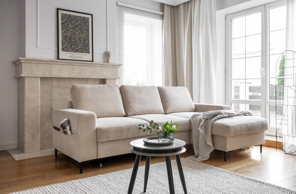 Divano letto angolare in velluto a coste beige (angolo destro) Lofty Lilly - Miuform