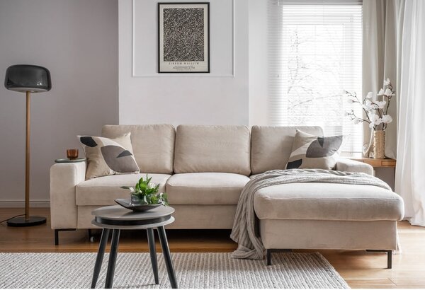 Divano letto angolare in velluto a coste beige (angolo destro) Lofty Lilly - Miuform