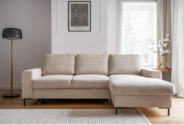 Divano letto angolare in velluto a coste beige (angolo destro) Lofty Lilly - Miuform