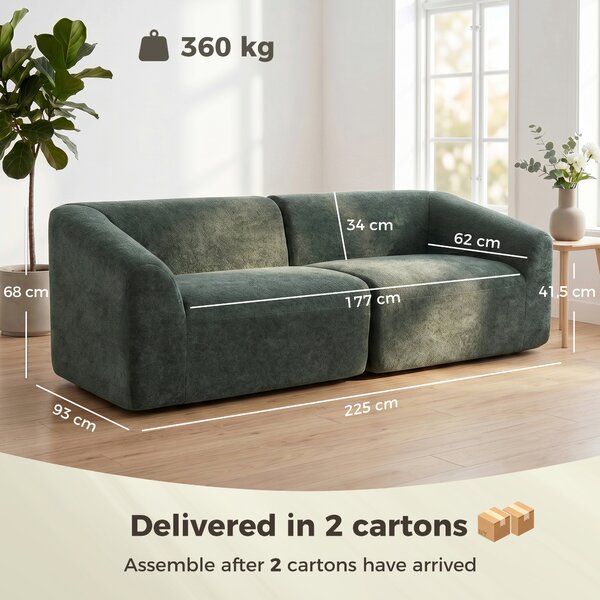 HOMCOM Divano 3 posti in chenille da 225 cm con seduta ampia e cuscino a molle, verde scuro | Aosom Italy