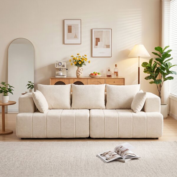 HOMCOM Divano 3 posti in chenille da 248 cm con seduta ampia e cuscini a molle, beige | Aosom Italy