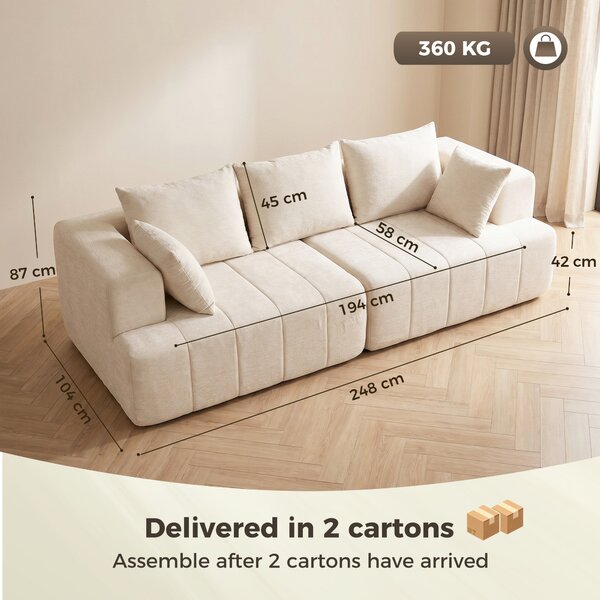 HOMCOM Divano 3 posti in chenille da 248 cm con seduta ampia e cuscini a molle, beige | Aosom Italy