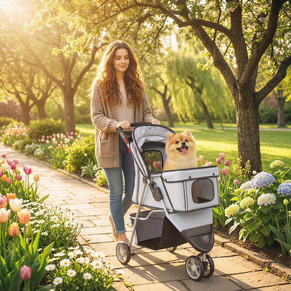 PawHut Passeggino per Cani Pieghevole con Portabicchieri e Cestino, 77x44x102 cm, Grigio | Aosom Italy