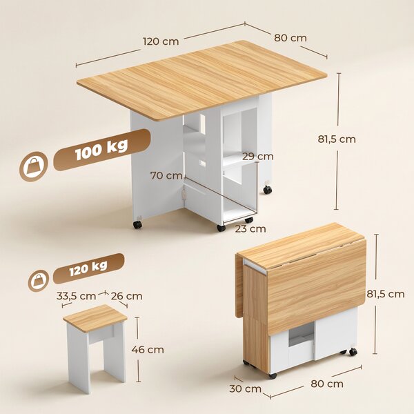 HOMCOM Set tavolo da pranzo pieghevole con 4 sedie e ruote, rovere | Aosom Italy