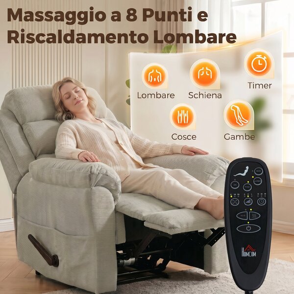 HOMCOM Poltrona massaggiante reclinabile 135° con riscaldamento e poggiatesta, crema | Aosom Italy
