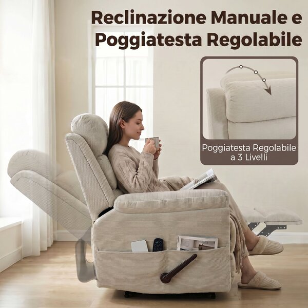 HOMCOM Poltrona massaggiante reclinabile 135° con riscaldamento e poggiatesta, crema | Aosom Italy