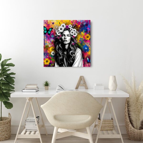 Quadro su tela – Ragazza con farfalle e fiori