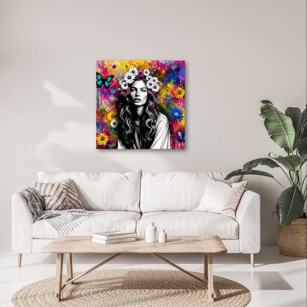 Quadro su tela – Ragazza con farfalle e fiori