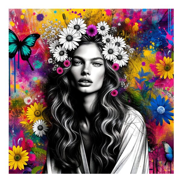Quadro su tela – Ragazza con farfalle e fiori