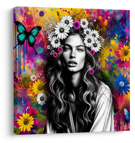 Quadro su tela – Ragazza con farfalle e fiori