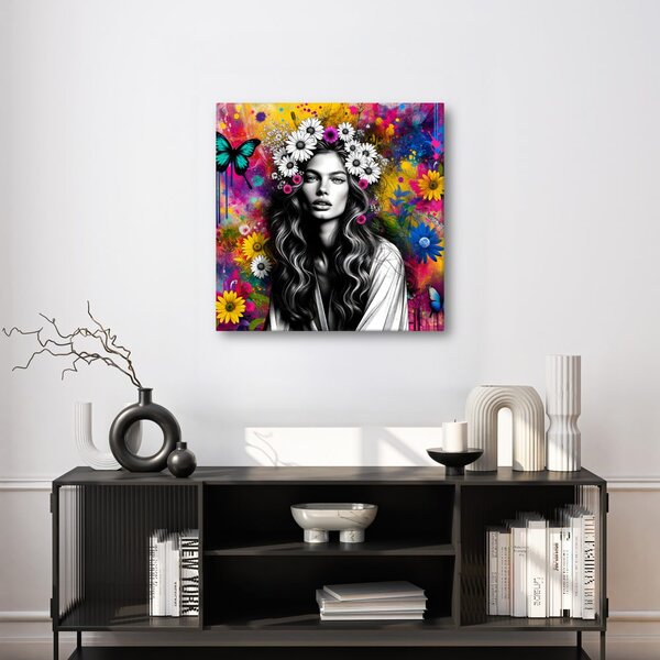 Quadro su tela – Ragazza con farfalle e fiori