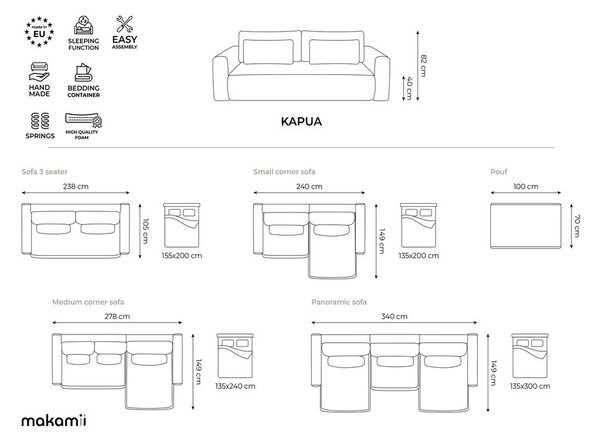 Divano angolare beige allungabile/con contenitore (con penisola a destra/con chaise lounge) Kapua – Makamii