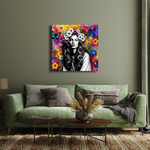 Quadro su tela – Ragazza con farfalle e fiori