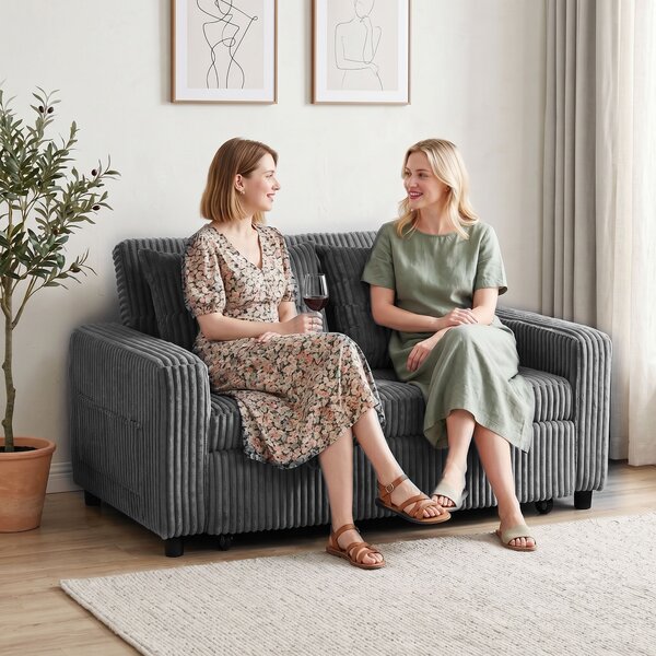 HOMCOM Divano letto 2 posti in velluto a coste con 2 cuscini e tasche, 157 x 190 cm, grigio scuro | Aosom Italy